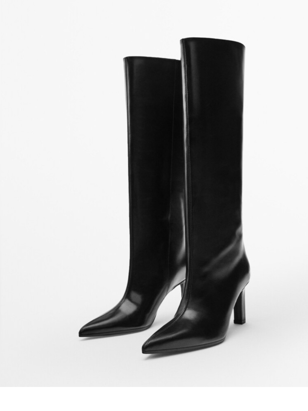 Massimo Dutti Tall Pointed-Toe Black Leather Boots